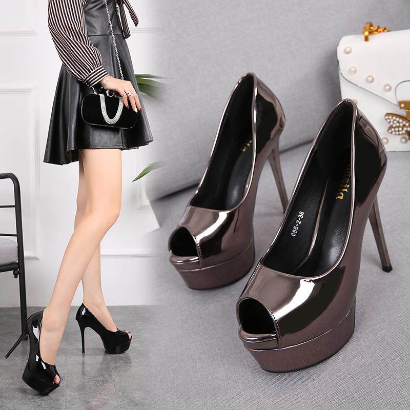 潮牌超高跟鞋12cm夜场性感防水台细跟职业黑色漆皮少女鱼口包鞋