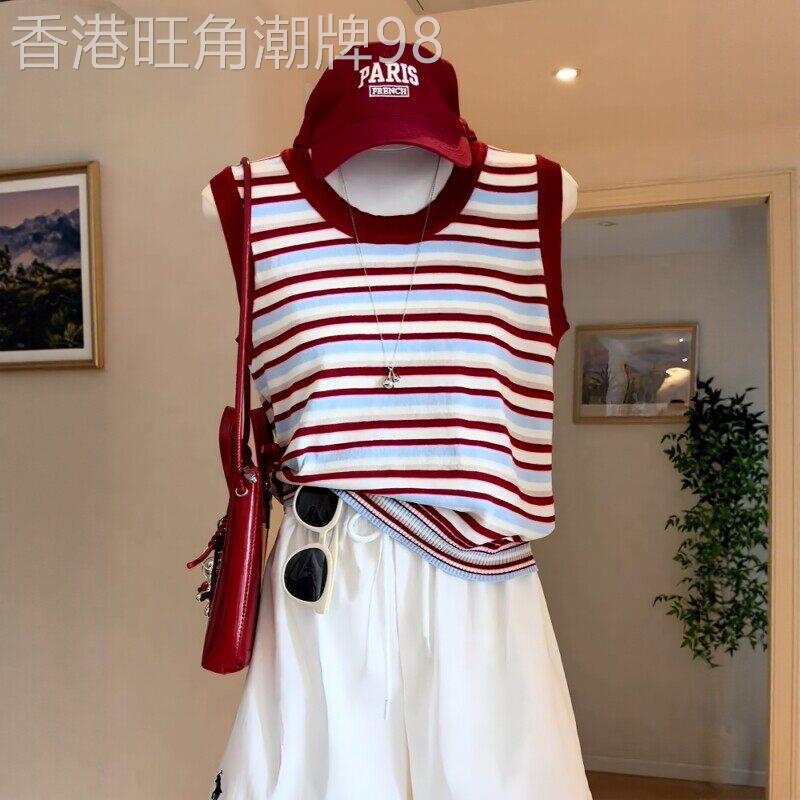 大码女装红色条纹无袖针织吊带背心夏季胖mm显瘦内搭外穿美背上衣
