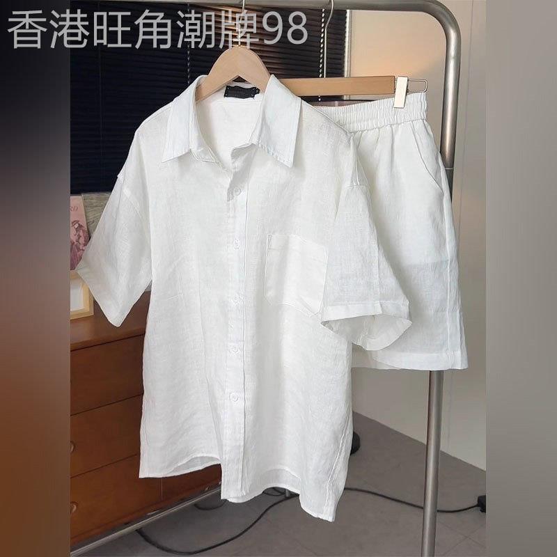 GP极简~老钱风棉麻衬衫套装男士夏季薄款天丝亚麻工装短裤两件套