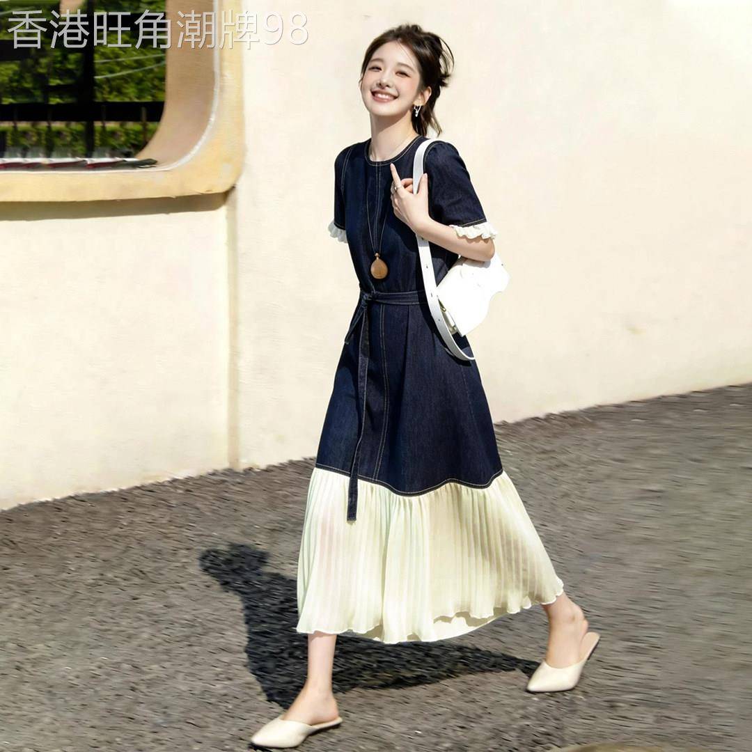 法式牛仔拼接短袖洋装女2026夏季新款超好看独特漂亮收腰长裙子