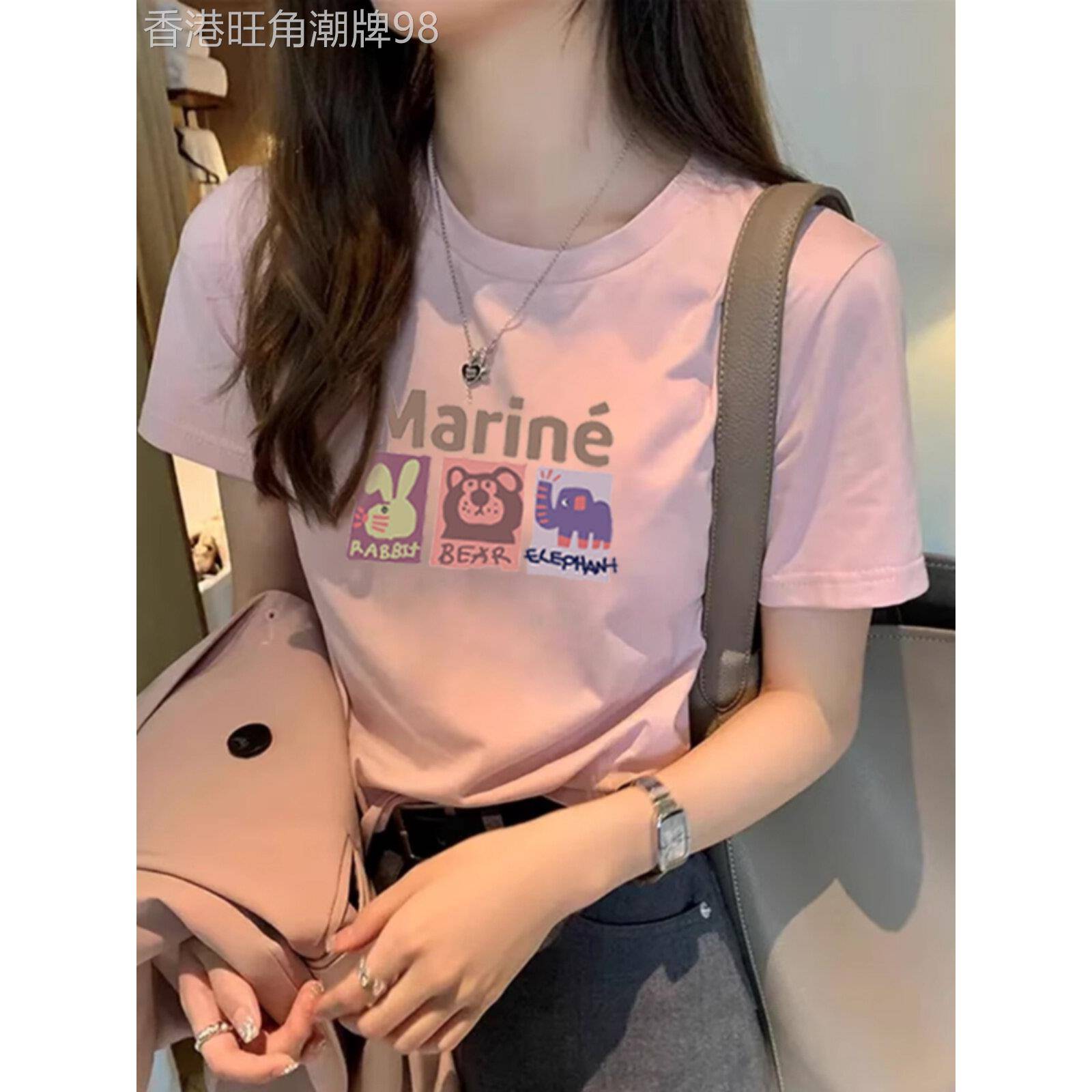 粉色右肩纯棉短袖女式t恤休闲时尚百搭西式减龄底裤衬衫2025夏季