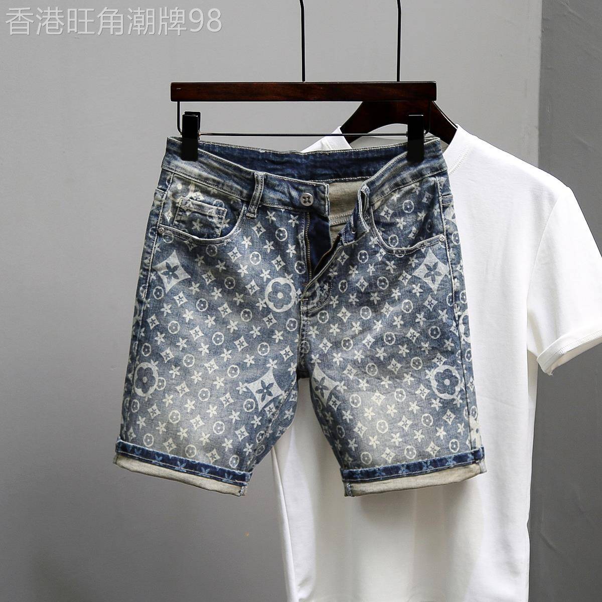 代购夏季新款男士潮牌牛仔五分裤修身小脚美式印花弹力复古短裤子