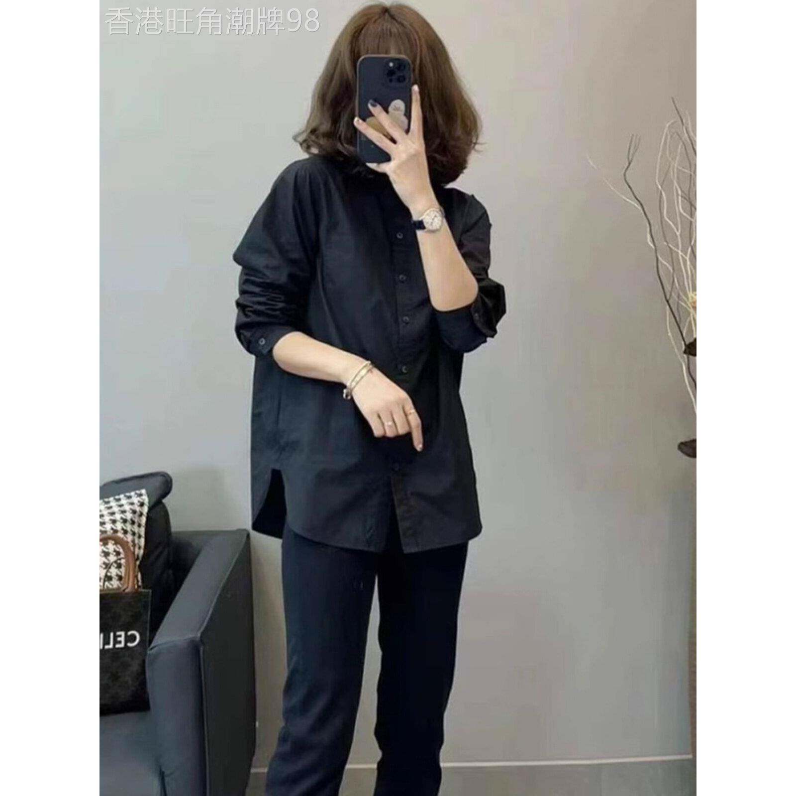 欧洲女式黑衬衫春秋季新款欧式工装休闲分层搭配西式丝绒长袖上衣