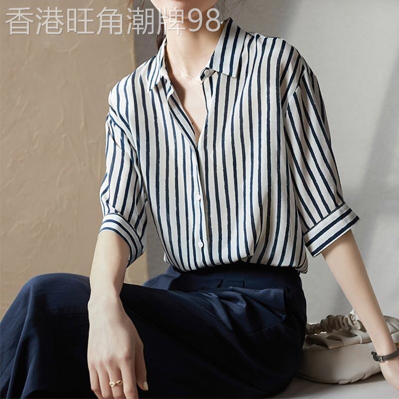 2025年夏季新款女装Polo领竖条纹高级宽松五分袖衬衫上衣短袖衬衣