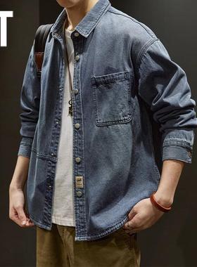 香港潮牌春季牛仔衬衫长袖春秋宽松灰色工装休闲衬衣复古外套男士