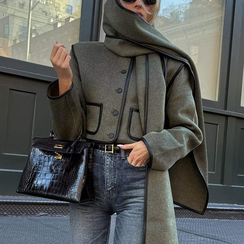 新款 时尚英伦风高级上衣2026春季防风披肩口袋修身显瘦女式毛呢