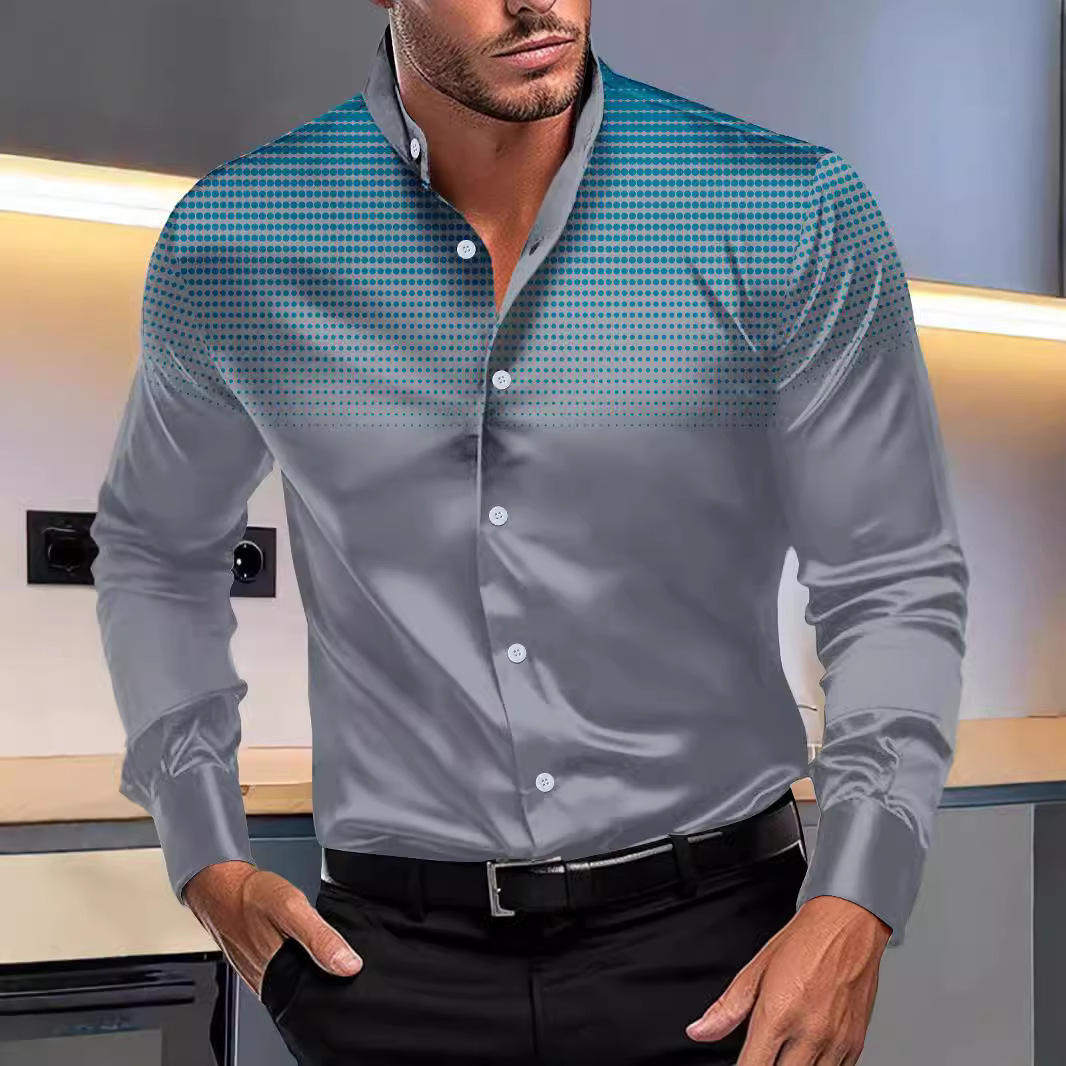 新款 跨境 春秋欧美男士四面弹圆点印花日常休闲立领长袖衬衫X-15