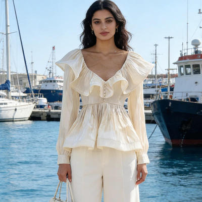 新款2026春季气质优雅复古风高级感荷叶边V 领收腰显瘦纯色衬衫女