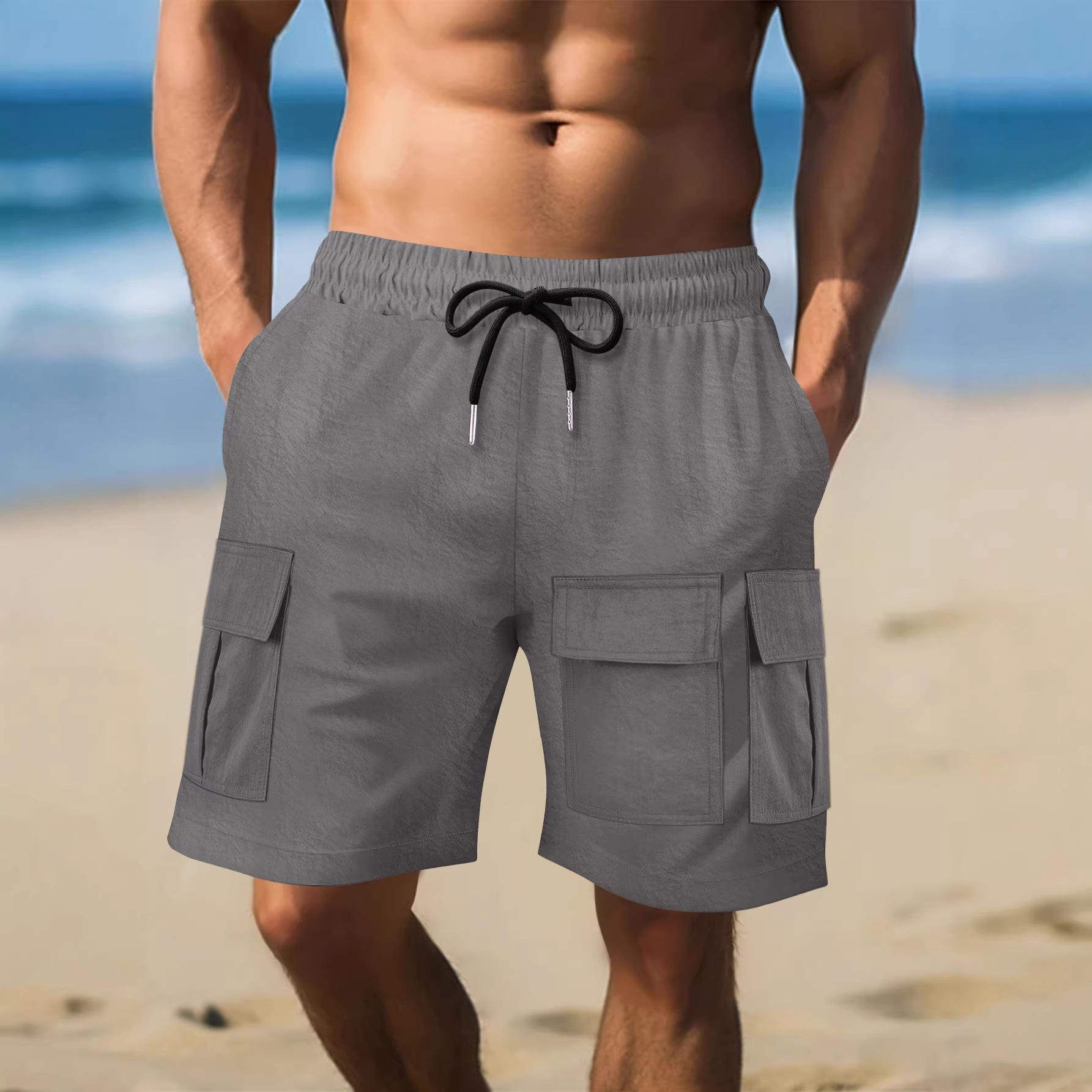 跨境 男装夏季松紧绳运动机能日系五分裤子立体口袋宽松工装短裤