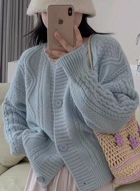 麻花针织开衫外套毛衣女秋冬内搭蓝色复古温柔爆款宽松外穿慵懒风