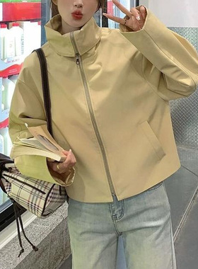 韩系米黄色翻领外套女秋休闲百搭长袖上衣夹克2025新款超好看