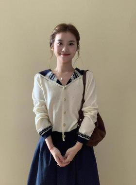 撞色海军领针织开衫女秋2025秋季新款百搭宽松毛衣外套短款上衣