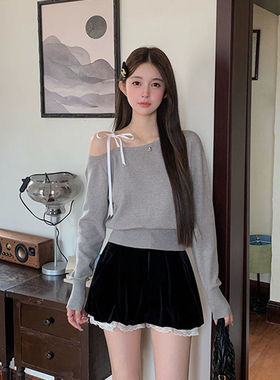 港风chic灰色露肩针织衫女秋显瘦设计感名媛气质休闲百搭上衣潮