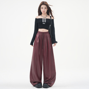 2025秋冬新款女装仿皮松紧腰阔腿直筒裤安可拉红