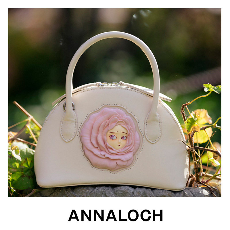 ANNA LOCH艺术粉色玫瑰浮雕贝壳包 真皮链条手提斜跨轻奢女
