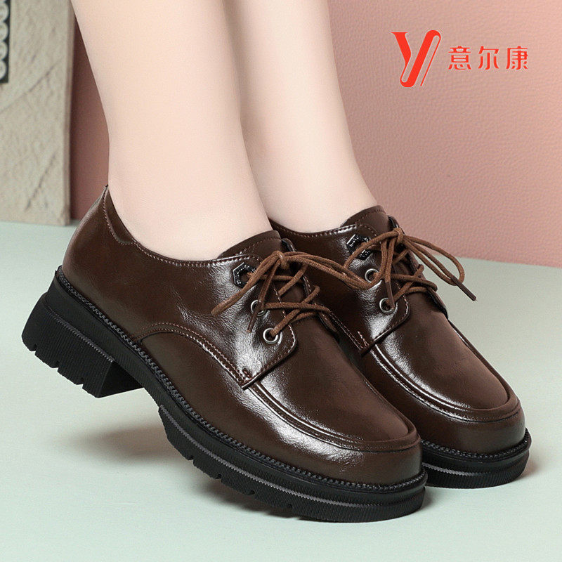 意尔康英伦真皮乐福鞋女鞋系带粗跟厚底软底百搭工作单鞋圆头皮鞋