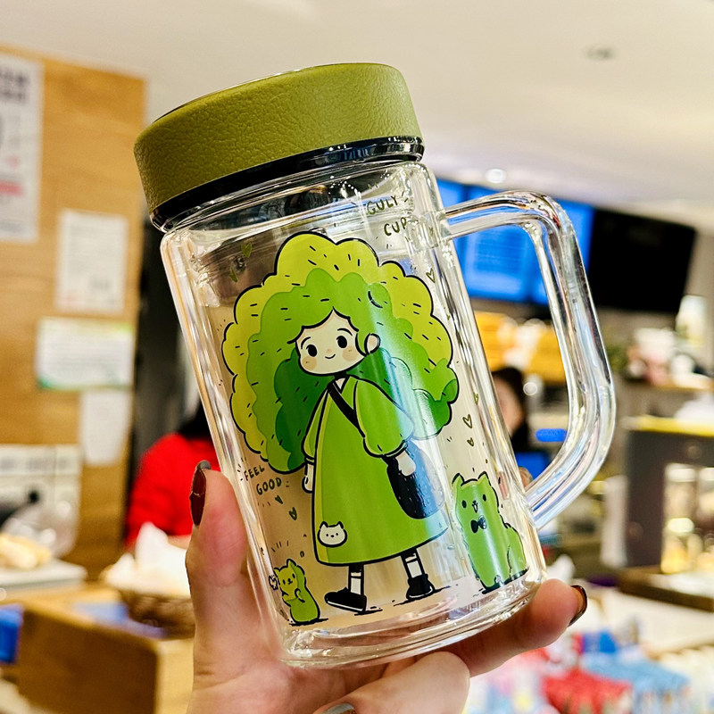 水杯2026新款女生高颜值双层玻璃杯带盖子办公室喝茶杯子带把手家