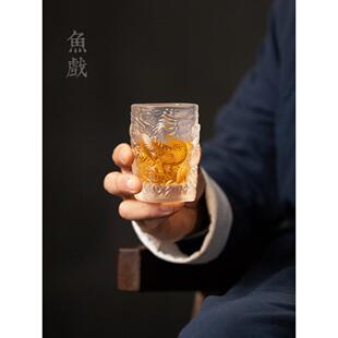 水晶玻璃茶杯主人杯手工浮雕描金腾龙品茗杯琉璃杯子单杯功夫茶具