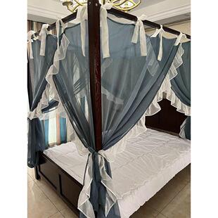 亚麻风4柱床新中式老式木头架子床民宿蚊帐1.8m床公主风床幔床帘