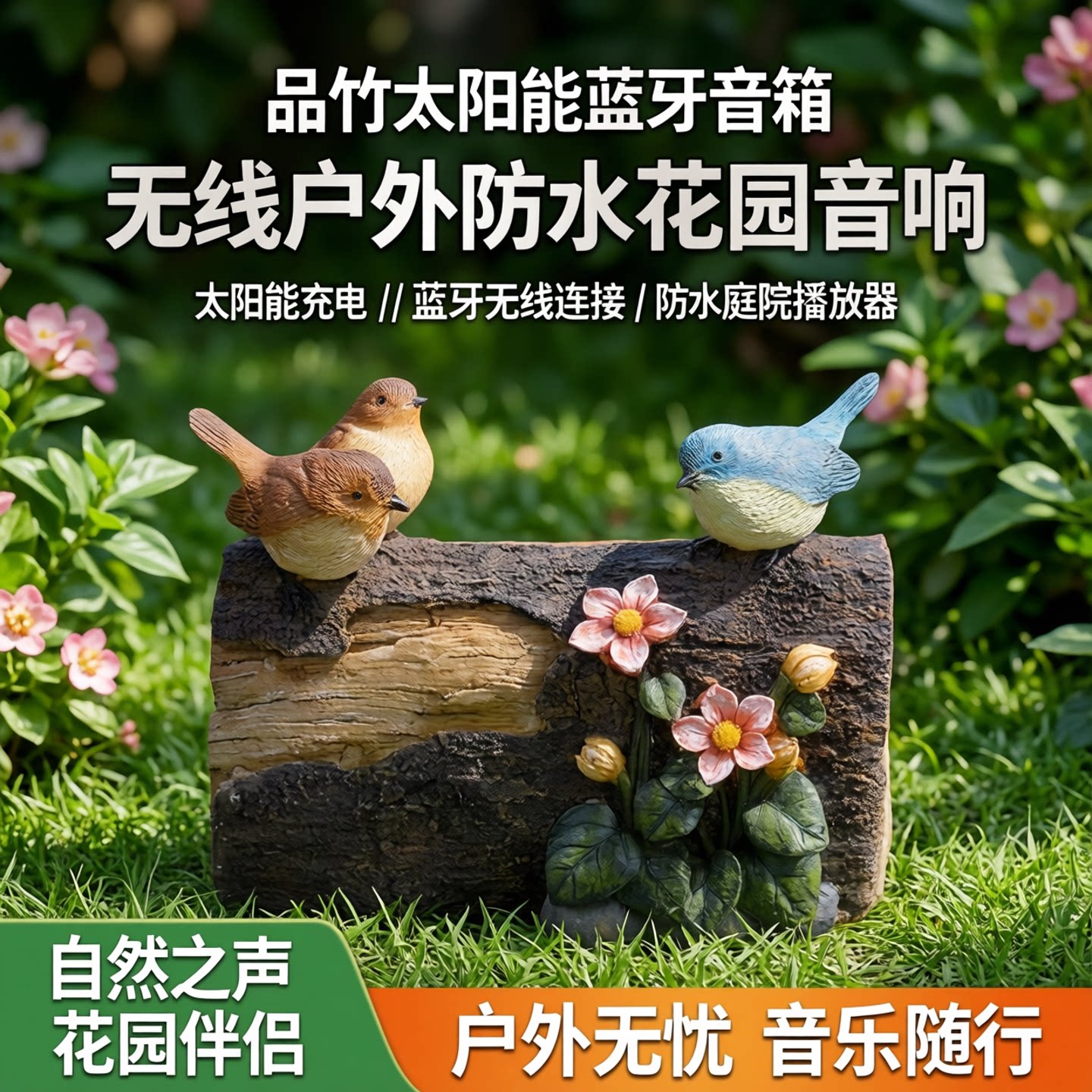 品竹太阳能蓝牙音箱无线户外防水草坪音响小鸟花园庭院音乐播放器