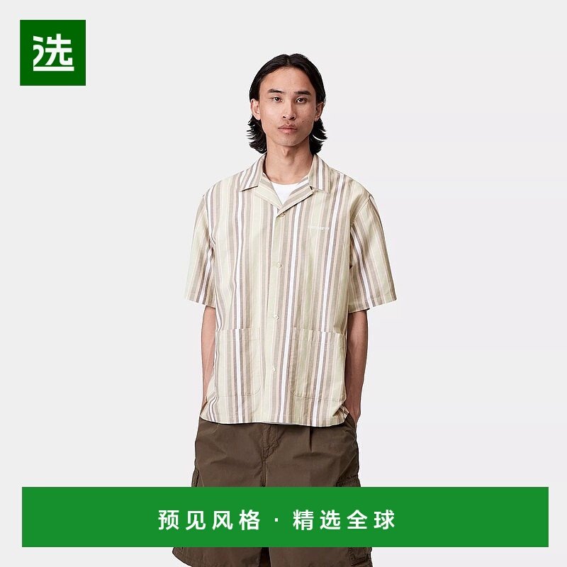 欧洲直邮Carhartt Wip 男士米色棉/亚麻短袖衬衫条纹棉麻宽松
