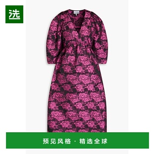 1h可退 香港直邮GANNI 甘尼 女士 褶皱花朵提花中长连衣裙 F85916