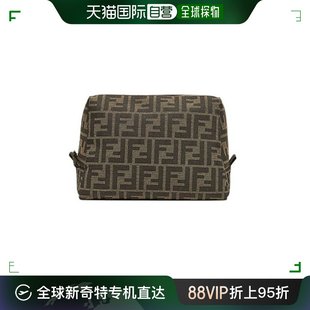 芬迪23新款 自营｜Fendi 女士中号板栗棕色老花帆布拉链化妆包