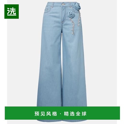 1h可退 香港直邮AREA 女士 精饰花朵装饰阔腿牛仔裤 blue蓝色 舒