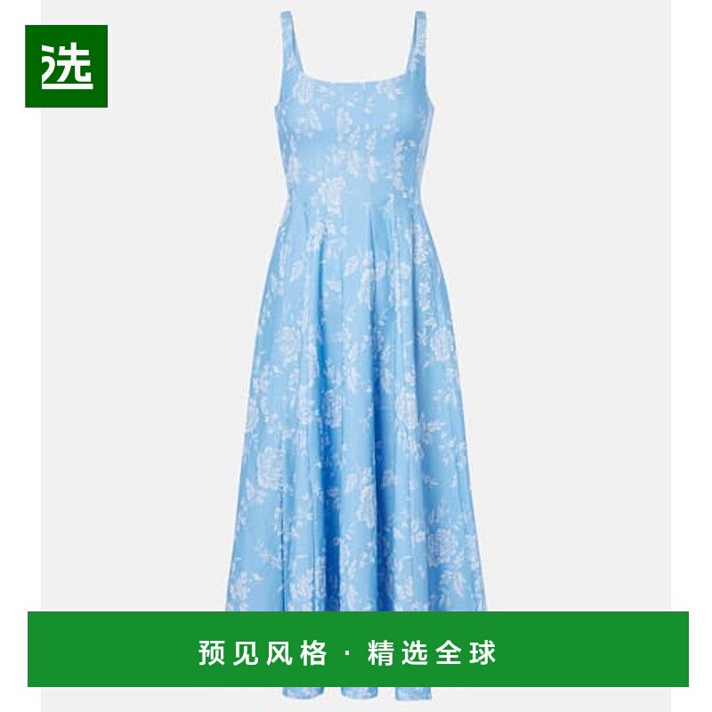 香港直邮Staud 女士 Wells 花朵褶裥束腰连衣裙 blue蓝色 舒适时