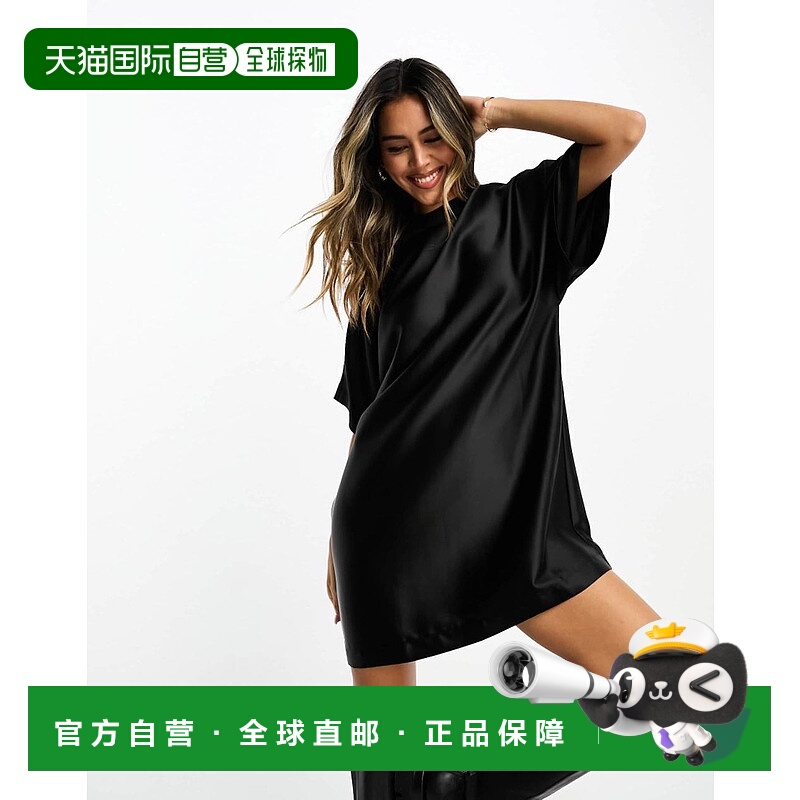 1h可退 香港直邮ASOS 女士 设计缎面宽松款迷你T恤式连衣裙(黑色)