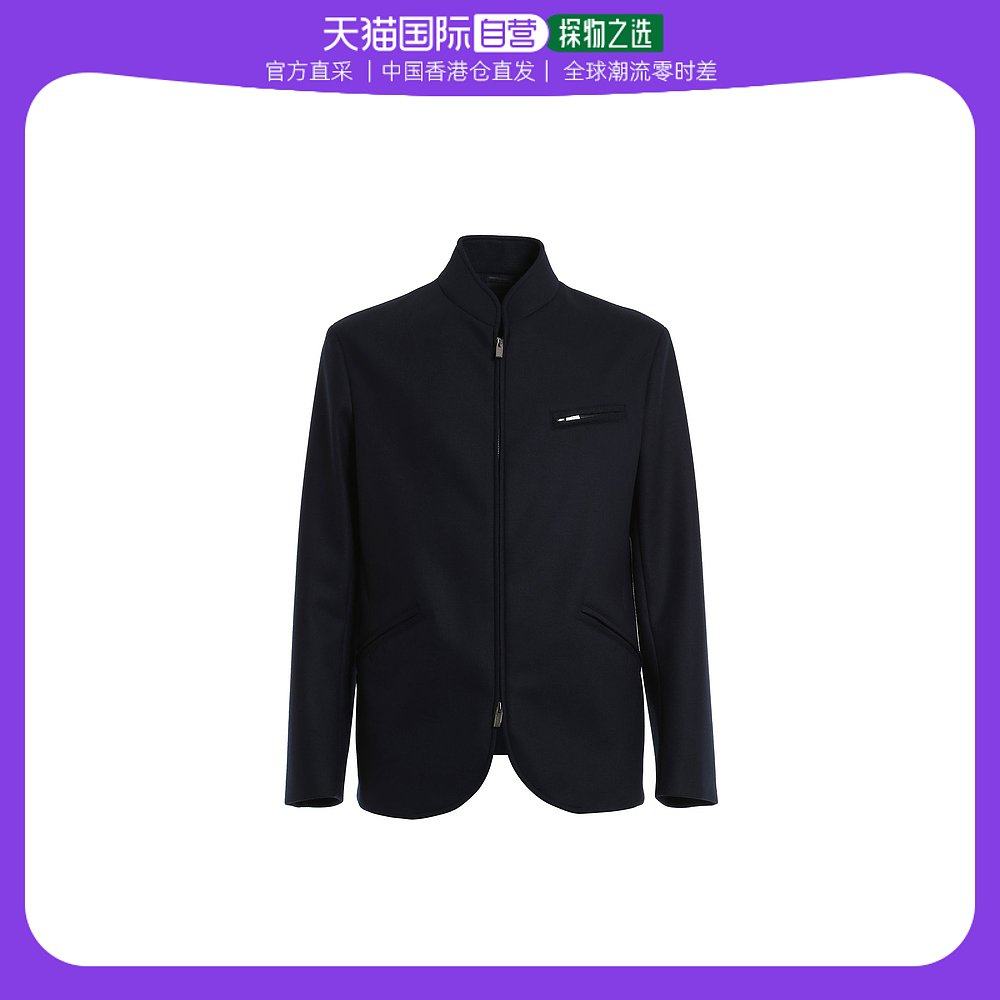 香港直邮armani collezioni 男士海军蓝色羊毛立领夹克