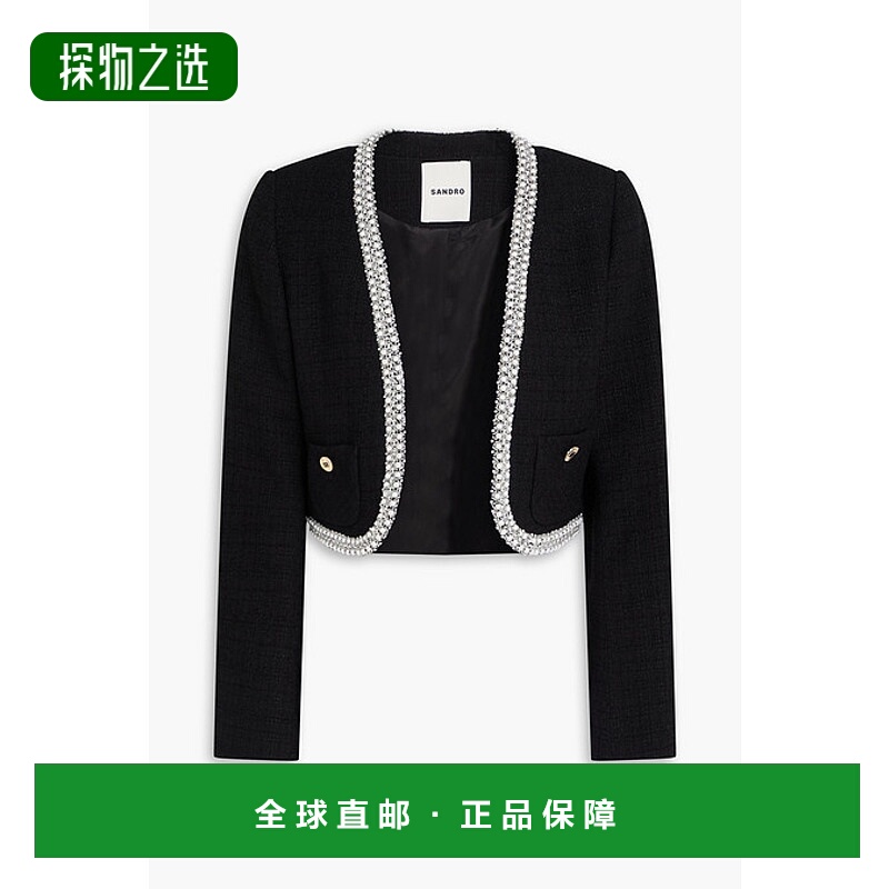 香港直邮Sandro 女士 短款精饰棉混纺花呢夹克 SFPVE00945BLACK