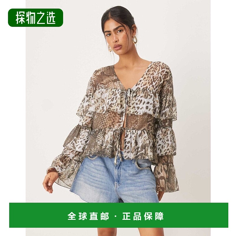 香港直邮ASOS 女士 设计雪纺波希米亚风皱褶动物纹衫