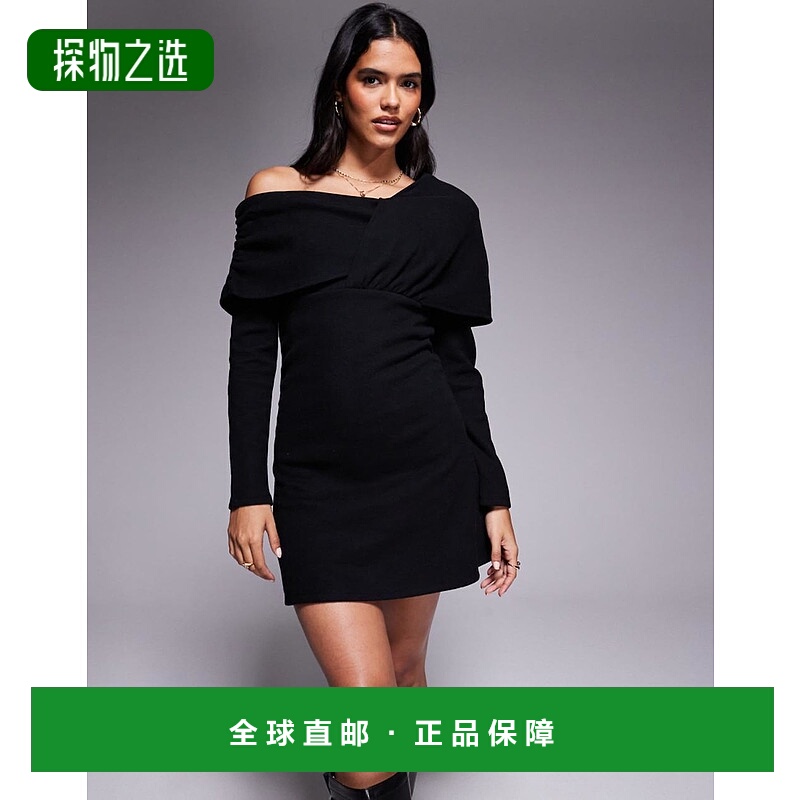 香港直邮ASOS 女士 asym 设计超柔软裹式领迷你黑色连衣裙