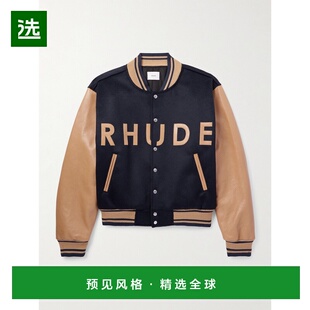 1h可退 香港直邮Rhude 男士 Logo-Appliquéd 羊毛毡皮革运动夹克