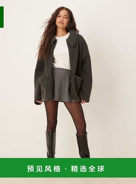 1h可退 香港直邮ASOS 女士 borg 设计带领抓绒长拉链木炭色卫衣