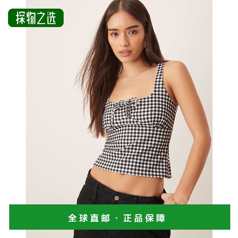 香港直邮ASOS 女士 milkmaid 设计褶皱胸部绑带细节方格棉布印花(