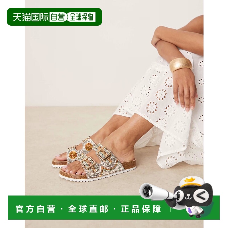 1h可退 香港直邮ASOS 女士 Funky 设计宽版珠饰双带状金色平底凉