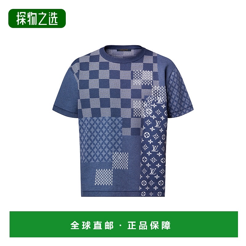 自营欧洲直邮LV路易威登 男士靛蓝色棉老花图案短袖T恤
