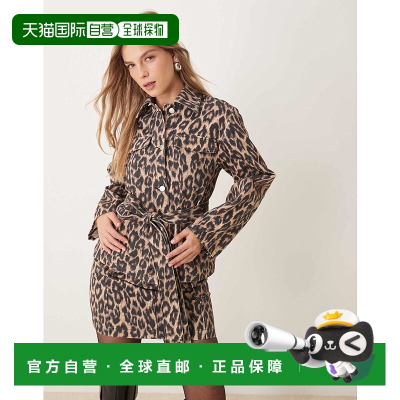 1h可退 香港直邮ASOS 女士 设计腰带深色豹纹牛仔布夹克