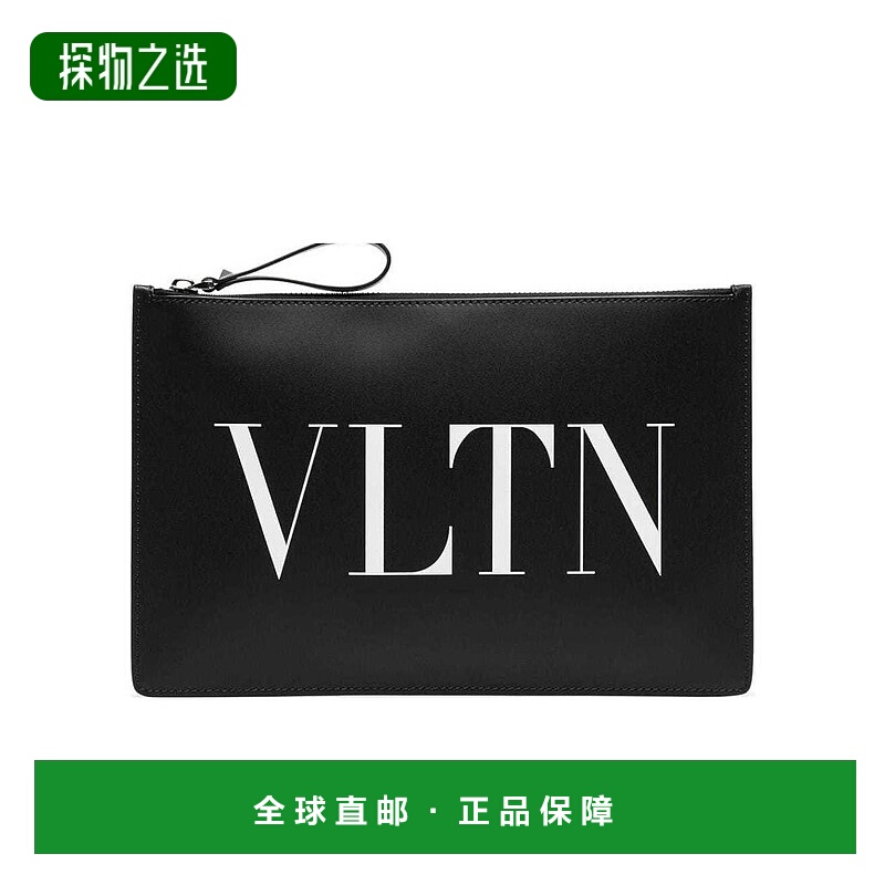 【99新未使用】香港直邮Valentino 黑色VLTN印花皮革手拿包 QY0P0