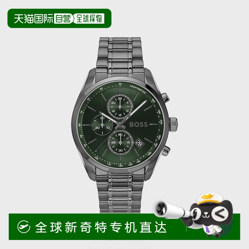 欧洲直邮HUGO BOSS雨果BOSS BLACK 灰色镀钢计时腕表 搭配绿色表
