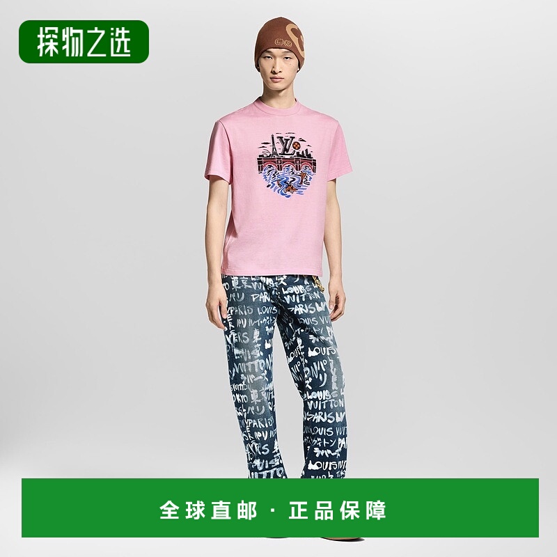 自营欧洲直邮LV路易威登 男士浅粉色棉巴黎元素图案短袖T恤