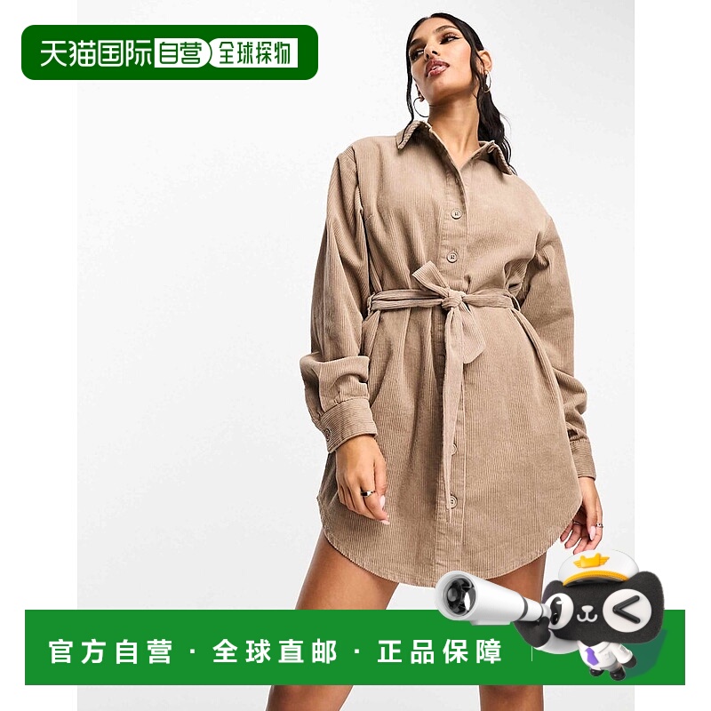 1h可退 香港直邮ASOS 女士 设计灯芯绒束带棕色衬衫式连衣裙