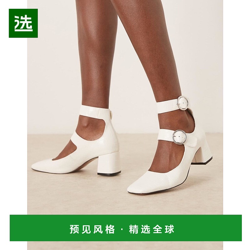 香港直邮ASOS 女士 Sasha mid 设计双搭扣带状粗跟米白鳄鱼纹鞋