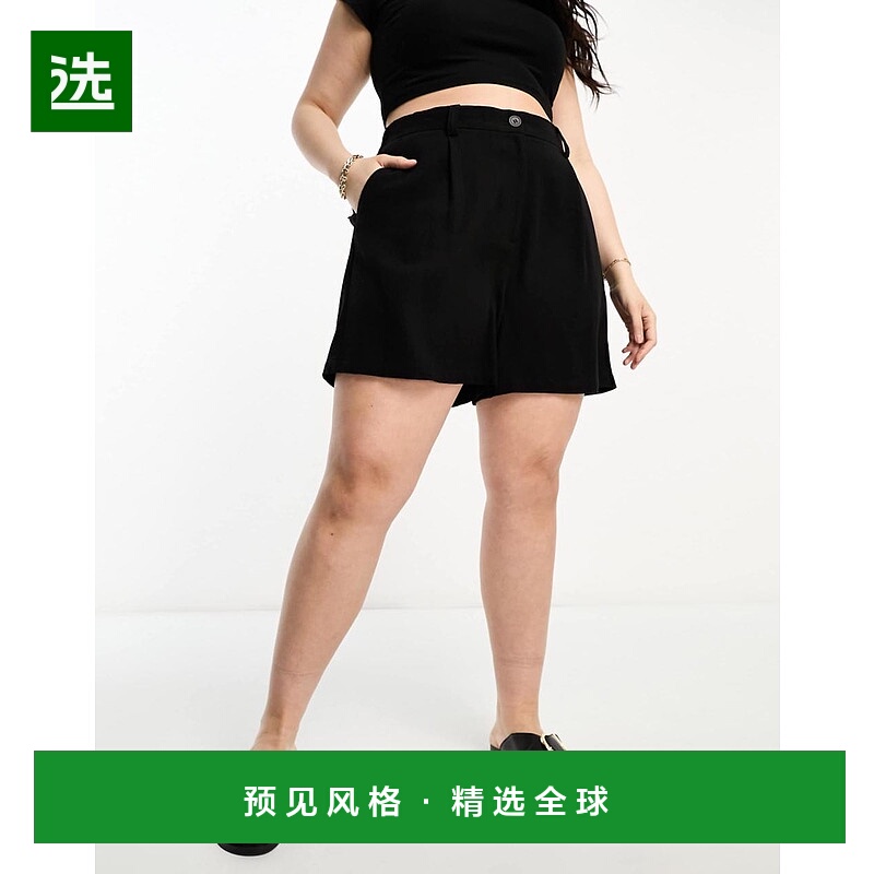 香港直邮ASOS 女士 Curve dad 设计亚麻短裤(黑色)
