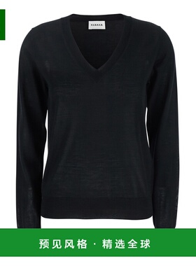 1h可退 香港直邮p a r o s h 女士 黑色V领长袖羊毛真丝混纺毛衣