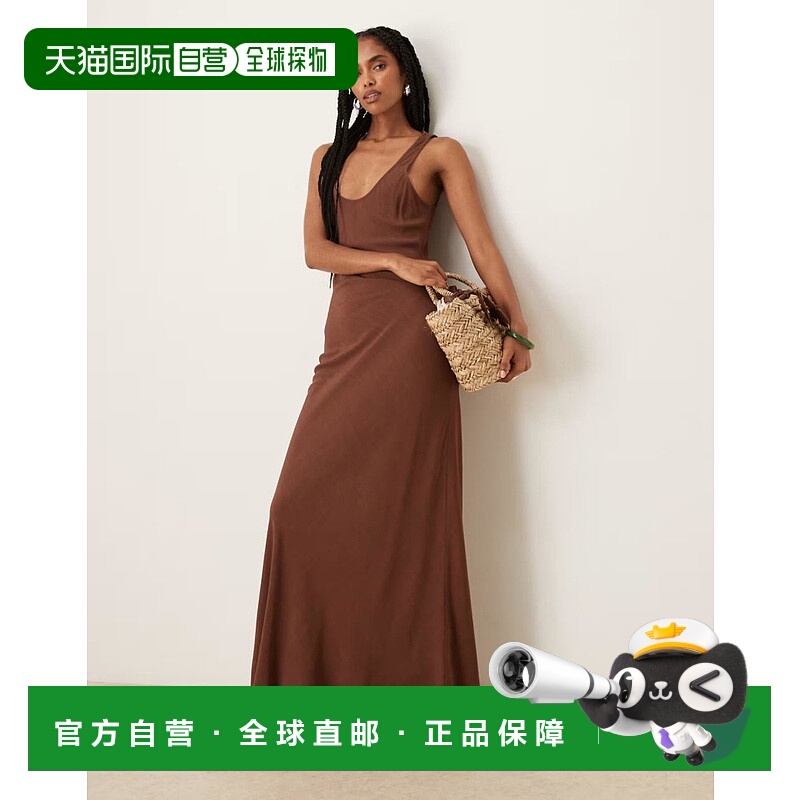 香港直邮ASOS 女士 bias slip look 设计亚麻巧克力色长款连衣裙
