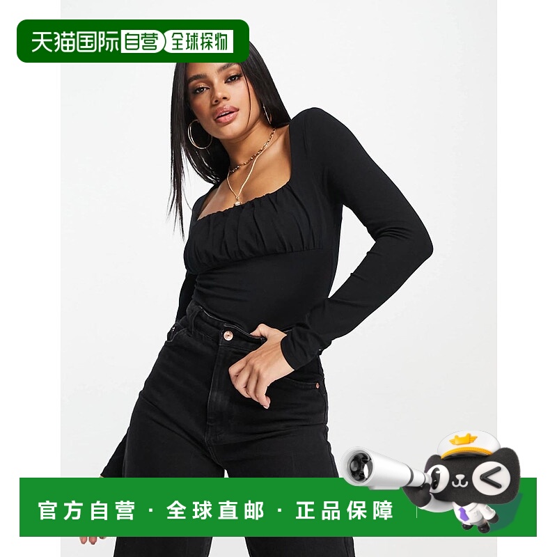 1h可退 香港直邮ASOS 女士 设计褶皱胸部长袖上衣(黑色)