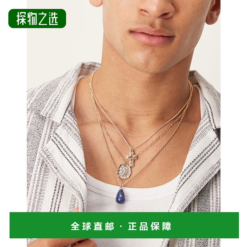 香港直邮ASOS 男士 festival 设计半宝石吊坠项链(三件套)(金色)